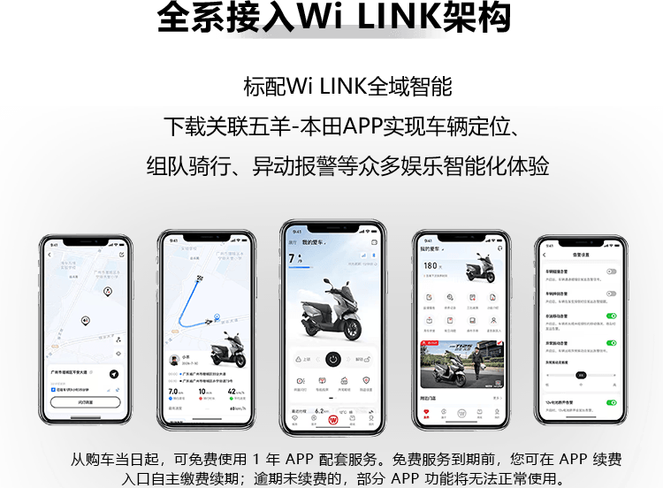 全系接入Wi LINK架构,标配Wi LINK全域智能 下载关联五羊-本田APP实现车辆定位、 组队骑行、异动报警等众多娱乐智能化体验