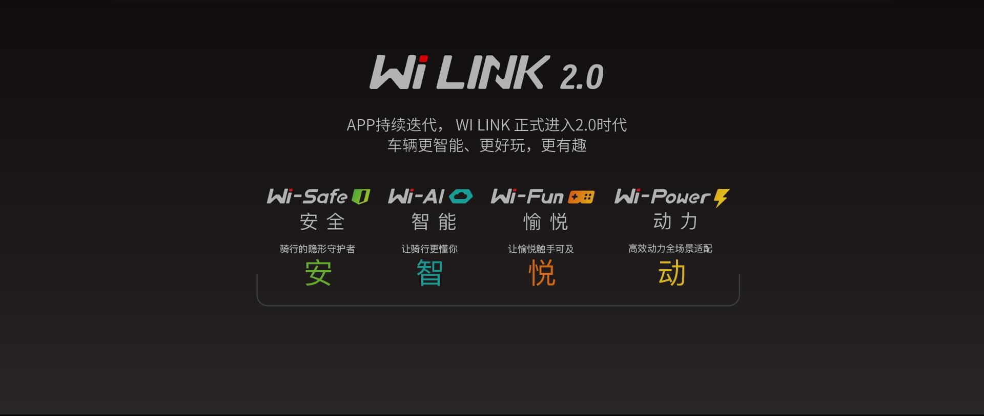 APP持续迭代， Wi LINK 正式进入2.0时代车辆更智能、更好玩，更有趣安全骑行的隐形守护者智能让骑行更懂你愉悦让愉悦触手可及动力高效动力全场景适配