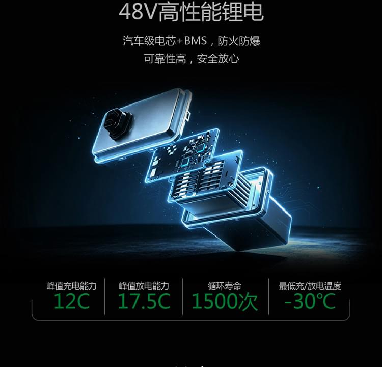 48V高性能锂电汽车级电芯+BMS，防火防爆可靠性高，安全放心