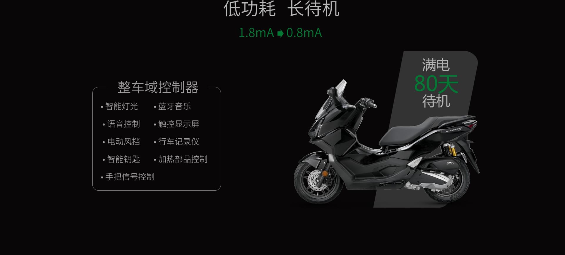 低功耗长待机1.8mA0.8mA整车域控制器？ 智能灯光 ？ 蓝牙音乐 ？ 语音控制 ？ 触控显示屏 ？ 电动风挡？ 行车记录仪 ？ 智能钥匙？ 加热部品控制？ 手把信号控制