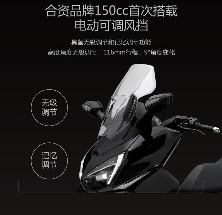 合资品牌150cc首次搭载电动可调风挡具备无级调节和记忆调节功能高度角度无级调节，116mm行程，9°角度变化